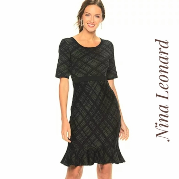 Nina Leonard Plaid Ruffled Sweater Dress - Picture 1 of 4